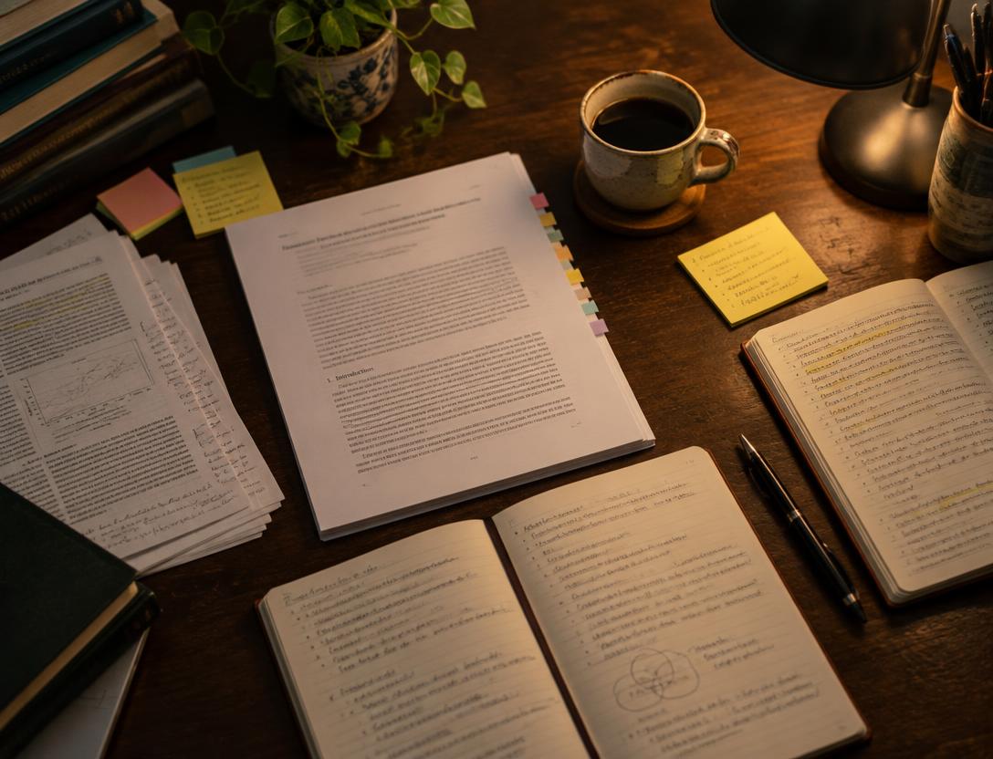 A doctoral applicant’s desk with annotated research papers, notebooks, and coffee